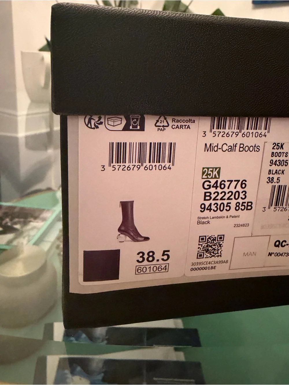 CHANEL 25K Pearl Ball Heel CC Logo Stretch Black Leather Mid Calf Boots 38.5 NIB